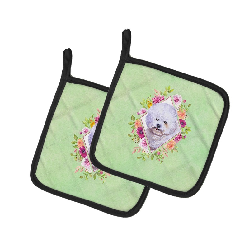 Bichon Fris? #2 Green Flowers Pot Holders - Set of 2 - Heat-Resistant Kitchen Essentials CK4280PTHD