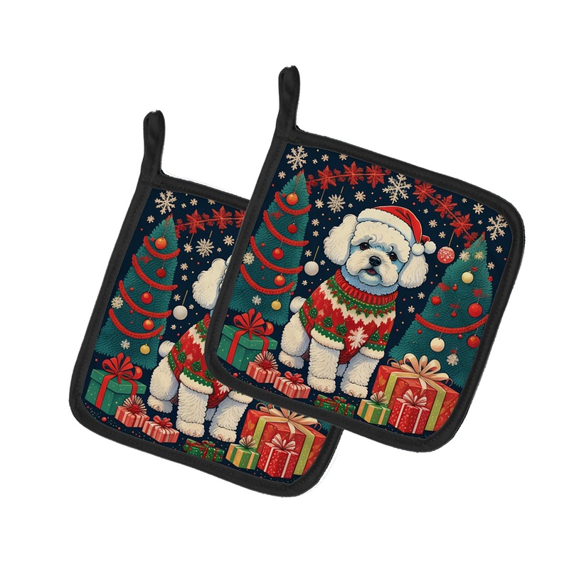 Bichon Frise Christmas Pot Holders - Set of 2 Decorative Kitchen Helpers | Made in the USA