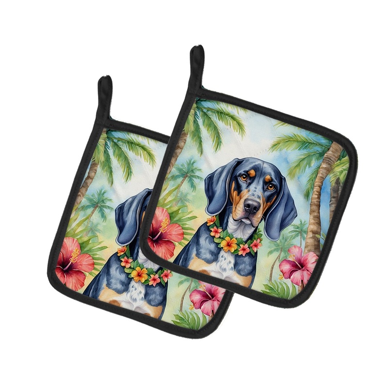 Bluetick Coonhound Luau Pot Holders - Set of 2 Decorative Kitchen Helpers | Made in the USA