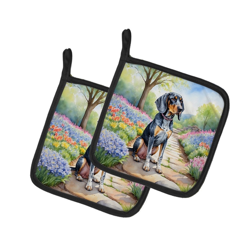 Bluetick Coonhound Spring Path Pot Holders - Set of 2 Decorative Kitchen Helpers | Made in the USA