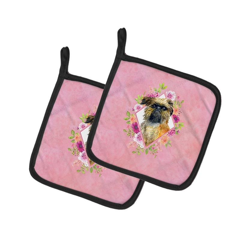 Brussels Griffon Pink Flowers Pot Holders - Set of 2 - Heat-Resistant Kitchen Essentials CK4123PTHD