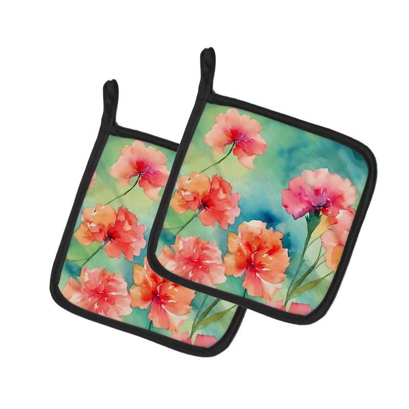 Carnations in Watercolor Pot Holders - Set of 2 Decorative Kitchen Helpers | Made in the USA