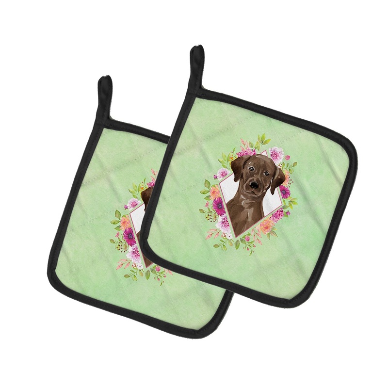 Chocolate Labrador Green Flowers Pot Holders - Set of 2 - Heat-Resistant Kitchen Essentials CK4411PTHD