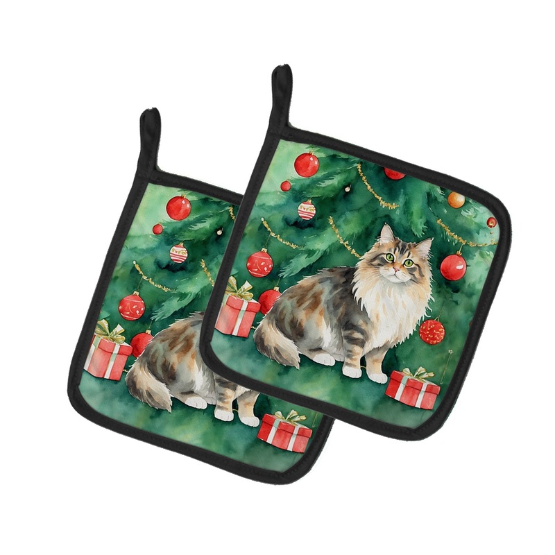 Cymric Cat By the Christmas Tree Pot Holders - Set of 2 Decorative Kitchen Helpers | Made in the USA