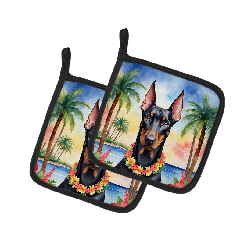 Doberman Pinscher Luau Pot Holders - Set of 2 Decorative Kitchen Helpers | Made in the USA