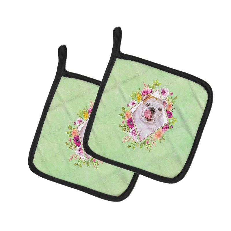 English Bulldog Green Flowers Pot Holders - Set of 2 - Heat-Resistant Kitchen Essentials CK4300PTHD