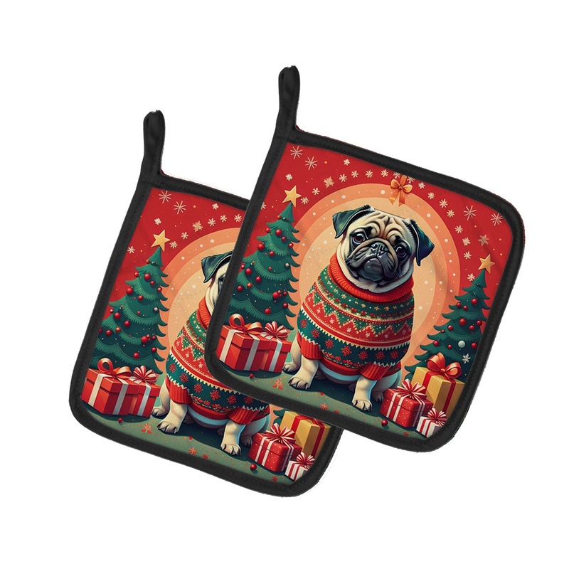 Fawn Pug Christmas Pot Holders - Set of 2 Decorative Kitchen Helpers | Made in the USA