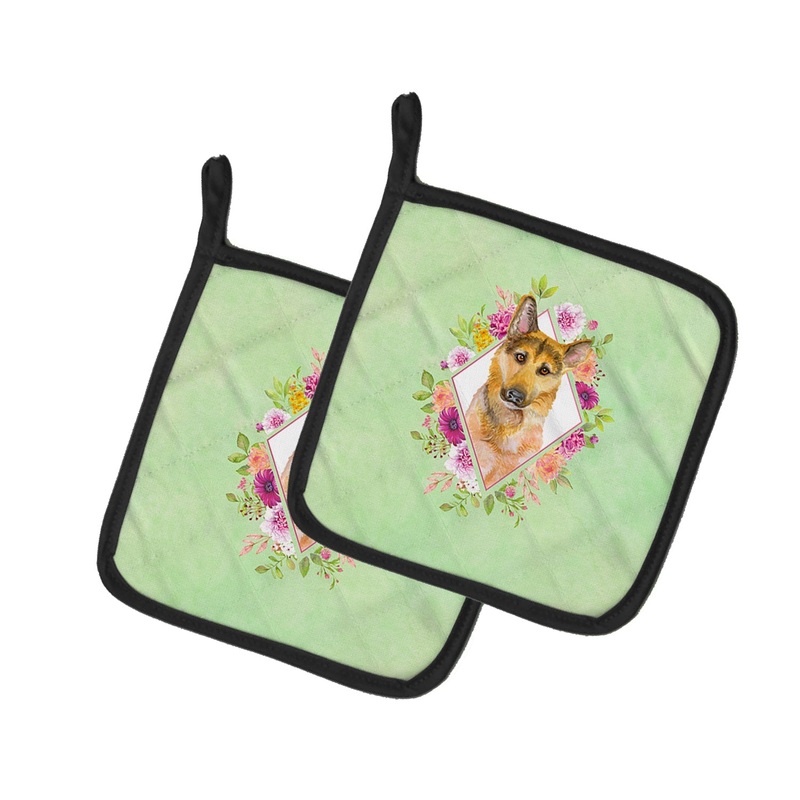 German Shepherd #2 Green Flowers Pot Holders - Set of 2 - Heat-Resistant Kitchen Essentials CK4307PTHD