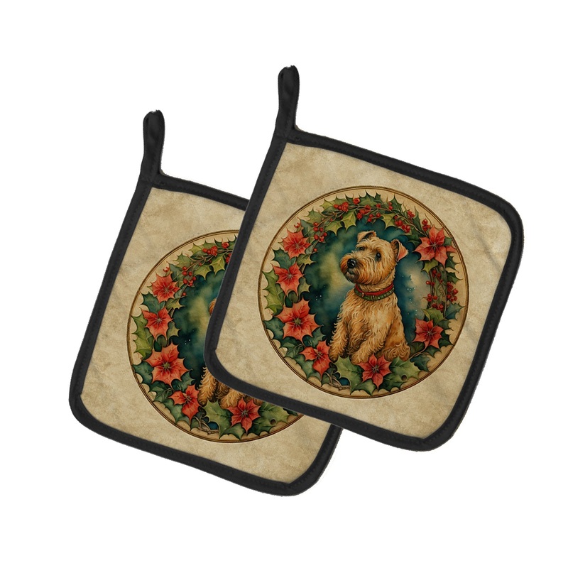 Lakeland Terrier Christmas Flowers Pot Holders - Set of 2 Decorative Kitchen Helpers | Made in the USA