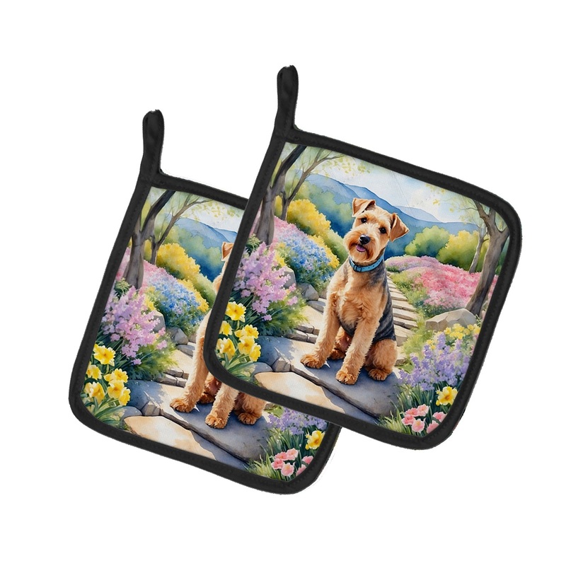 Lakeland Terrier Spring Path Pot Holders - Set of 2 Decorative Kitchen Helpers | Made in the USA