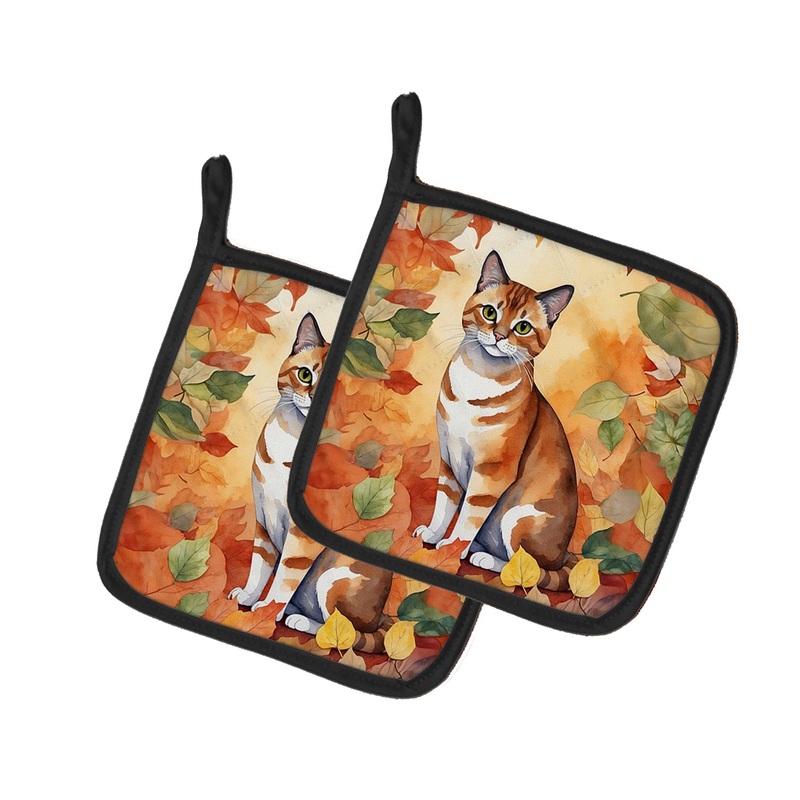 Malayan Cat in Fall Leaves Pot Holders - Set of 2 Decorative Kitchen Helpers | Made in the USA