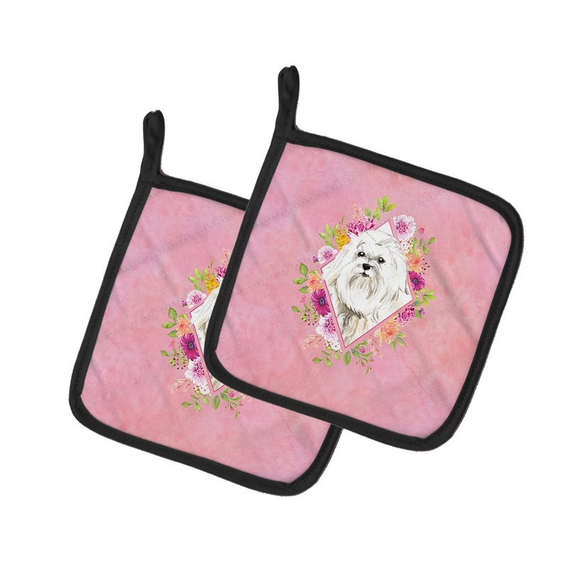 Maltese Pink Flowers Pot Holders - Set of 2 - Heat-Resistant Kitchen Essentials CK4223PTHD