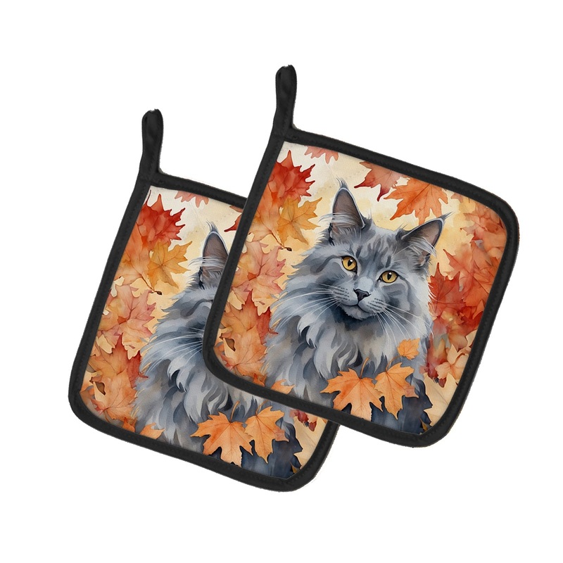 Nebelung Cat in Fall Leaves Pot Holders - Set of 2 Decorative Kitchen Helpers | Made in the USA