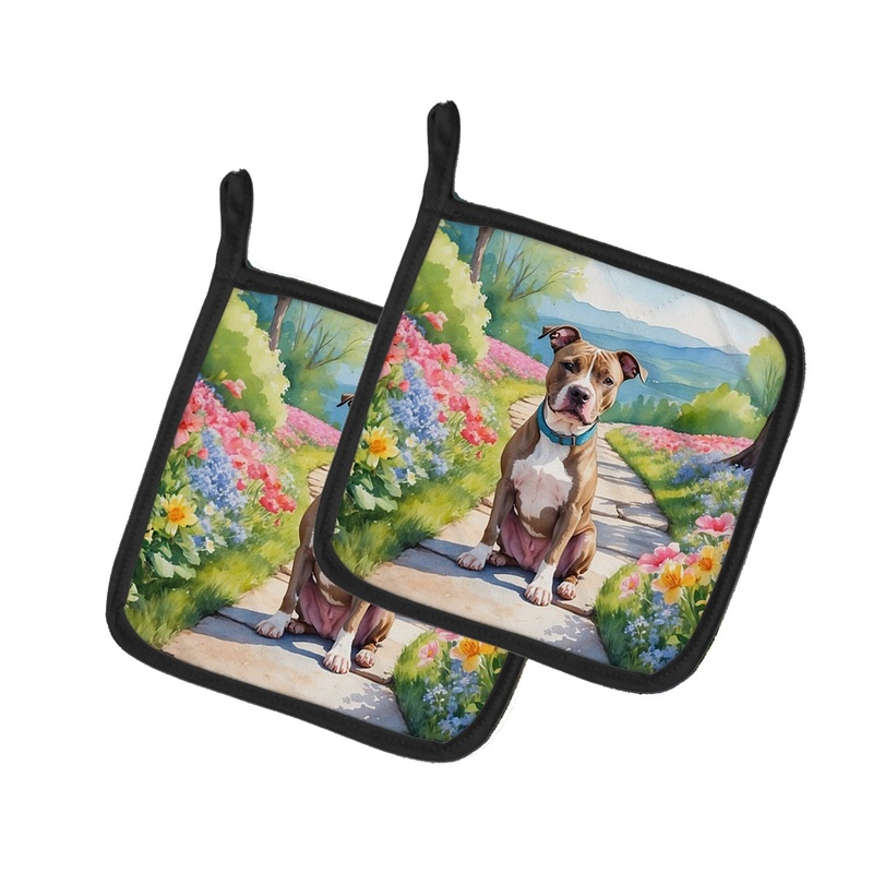 Pit Bull Terrier Spring Path Pot Holders - Set of 2 Decorative Kitchen Helpers | Made in the USA