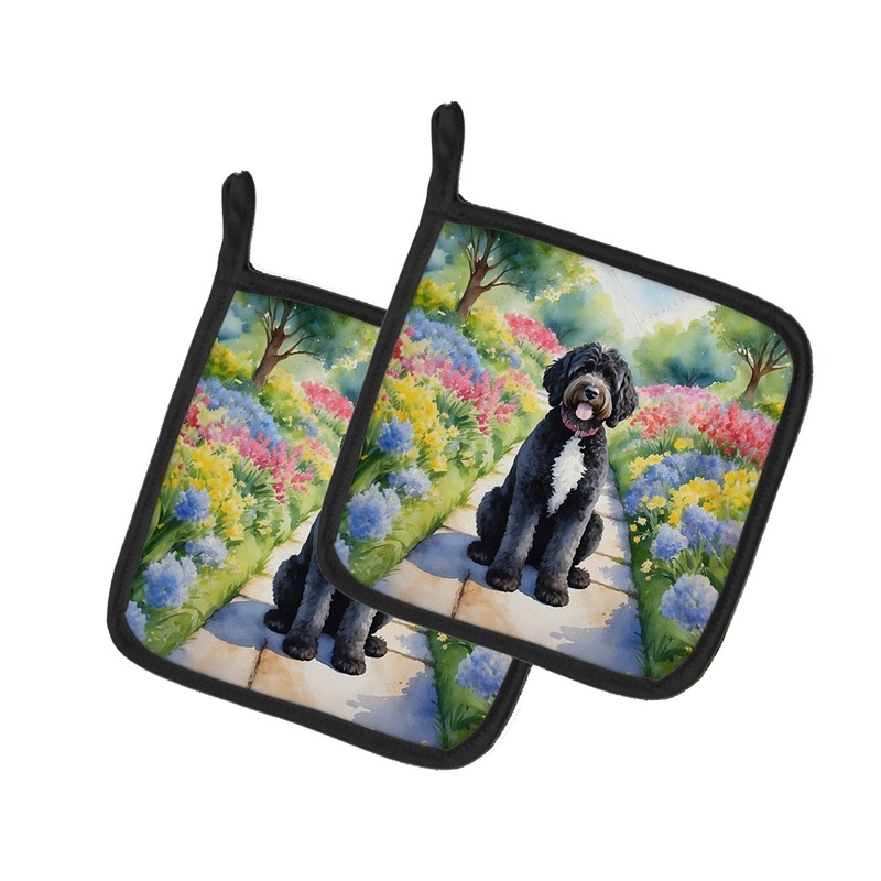 Portuguese Water Dog Spring Path Pot Holders - Set of 2 Decorative Kitchen Helpers | Made in the USA