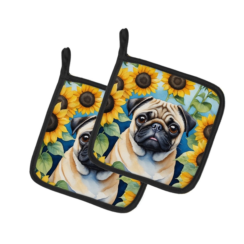 Pug in Sunflowers Pot Holders - Set of 2 Decorative Kitchen Helpers | Made in the USA