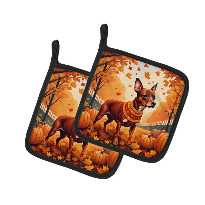 Red Miniature Pinscher Fall Pot Holders - Set of 2 Decorative Kitchen Helpers | Made in the USA