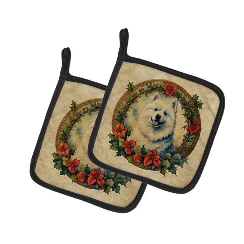 Samoyed Christmas Flowers Pot Holders - Set of 2 Decorative Kitchen Helpers | Made in the USA