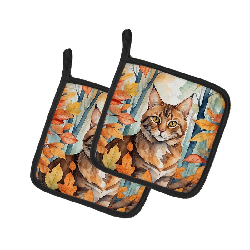 Sokoke Cat in Fall Leaves Pot Holders - Set of 2 Decorative Kitchen Helpers | Made in the USA