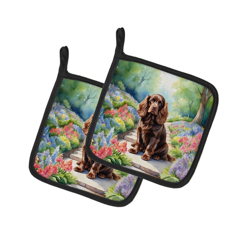 Sussex Spaniel Spring Path Pot Holders - Set of 2 Decorative Kitchen Helpers | Made in the USA