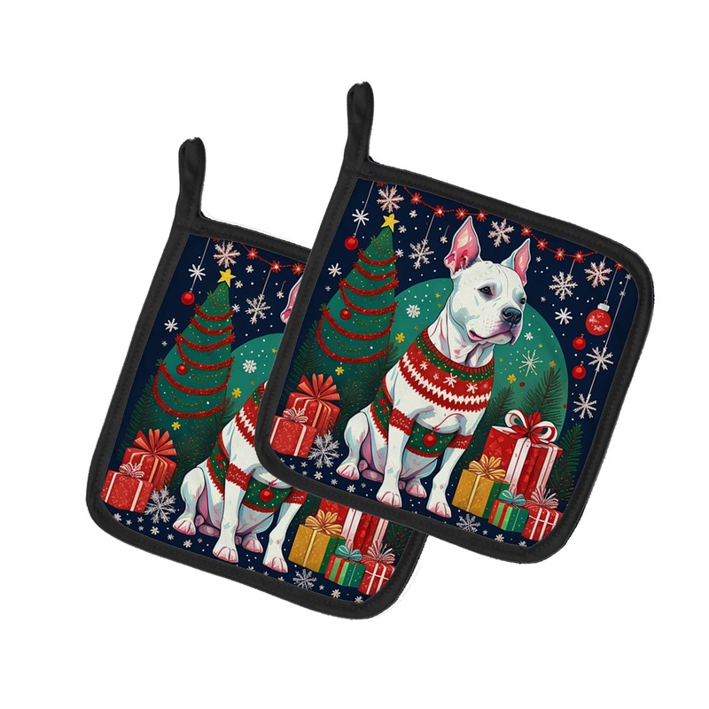 White Pit Bull Terrier Christmas Pot Holders - Set of 2 Decorative Kitchen Helpers | Made in the USA