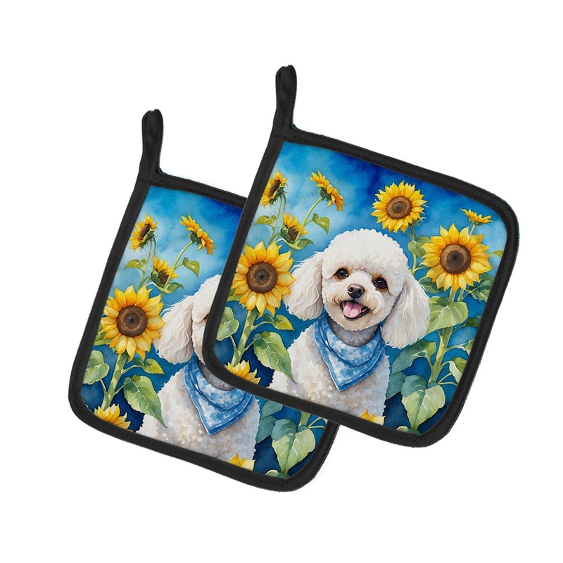 White Poodle in Sunflowers Pot Holders - Set of 2 Decorative Kitchen Helpers | Made in the USA