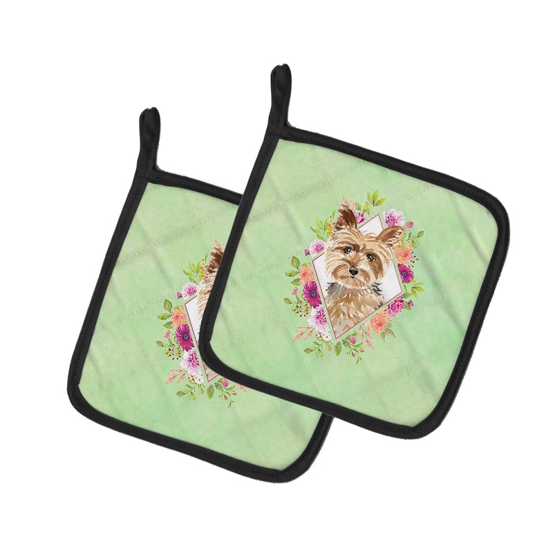 Yorkie Green Flowers Pot Holders - Set of 2 - Heat-Resistant Kitchen Essentials CK4357PTHD