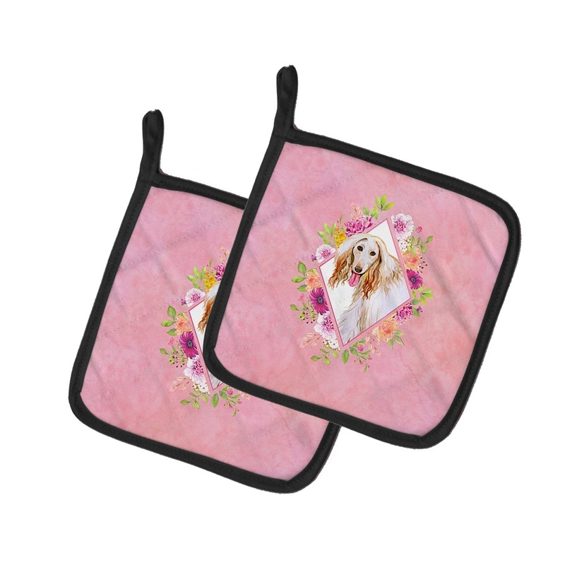 Afghan Hound Pink Flowers Pot Holders - Set of 2 - Heat-Resistant Kitchen Essentials CK4110PTHD