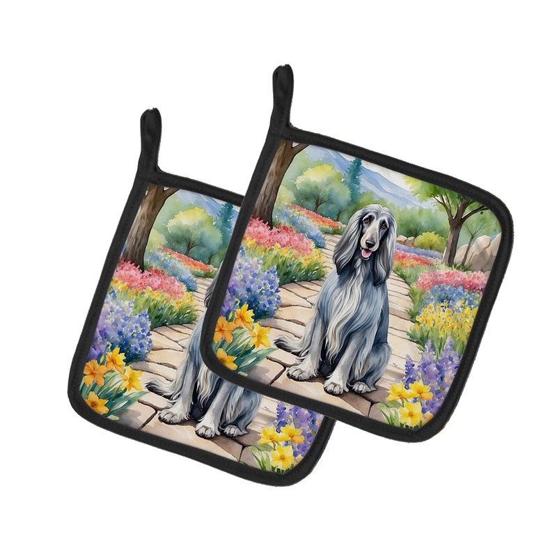 Afghan Hound Spring Garden Pot Holders - Set of 2 Decorative Kitchen Helpers | Made in the USA