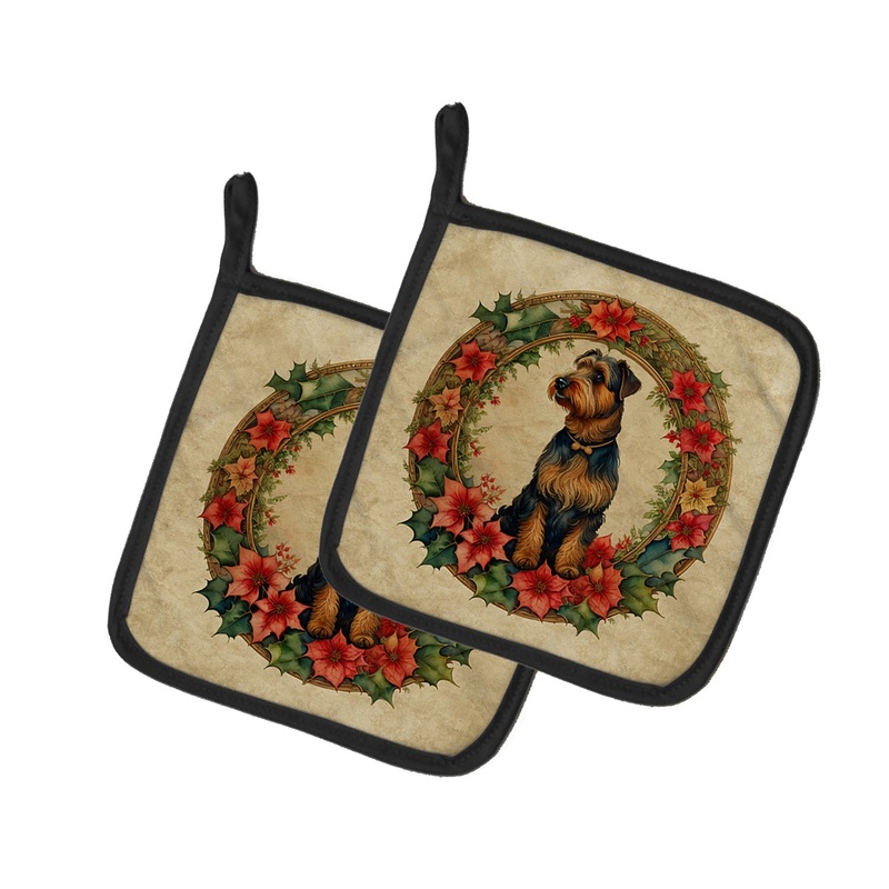 Airedale Terrier Christmas Flowers Pot Holders - Set of 2 Decorative Kitchen Helpers | Made in the USA