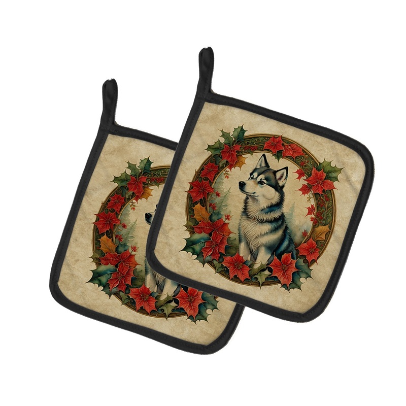 Alaskan Klee Kai Christmas Flowers Pot Holders - Set of 2 Decorative Kitchen Helpers | Made in the USA