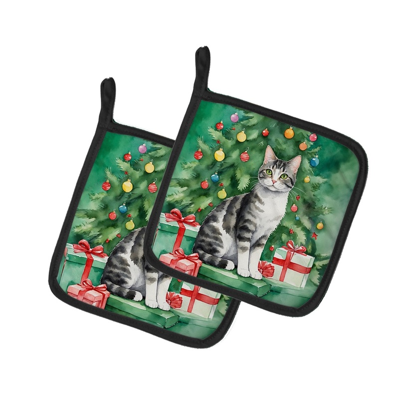 American Wirehair Cat By the Christmas Tree Pot Holders - Set of 2 Decorative Kitchen Helpers | Made in the USA