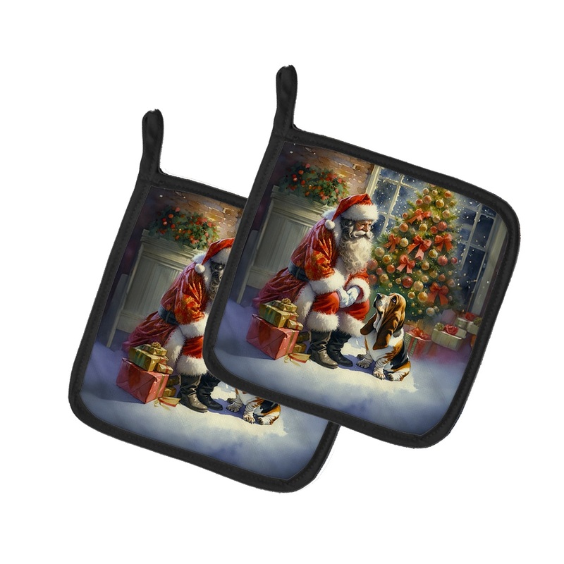 Basset Hound and Santa Claus Pot Holders - Set of 2 Decorative Kitchen Helpers | Made in the USA
