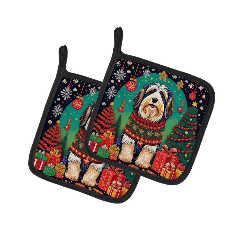 Bearded Collie Christmas Pot Holders - Set of 2 Decorative Kitchen Helpers | Made in the USA