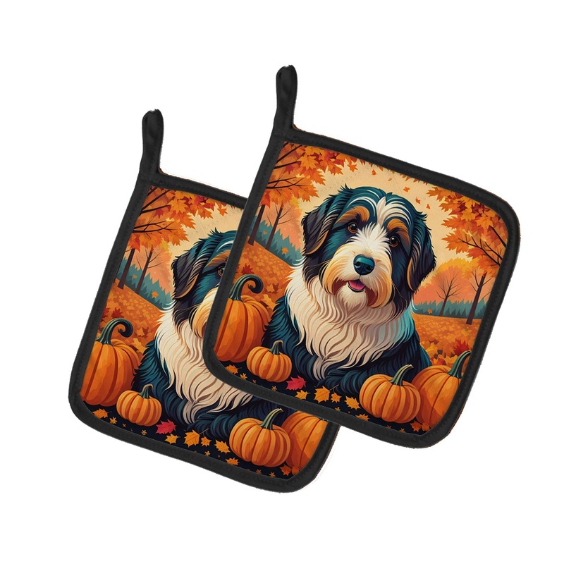 Bearded Collie Fall Pot Holders - Set of 2 Decorative Kitchen Helpers | Made in the USA