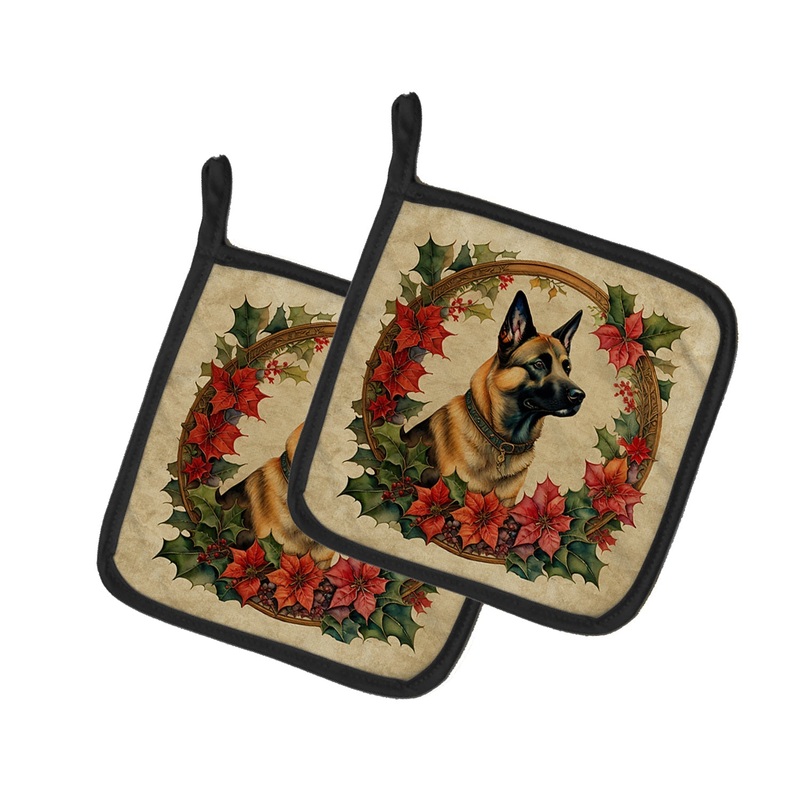 Belgian Malinois Christmas Flowers Pot Holders - Set of 2 Decorative Kitchen Helpers | Made in the USA
