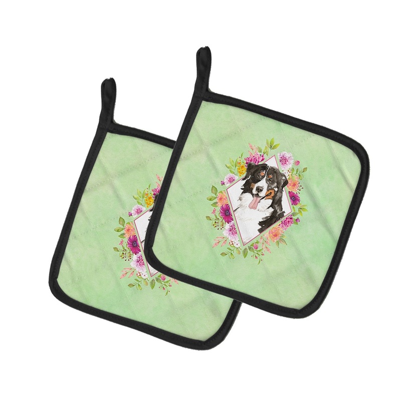 Bernese Mountain Dog Green Flowers Pot Holders - Set of 2 - Heat-Resistant Kitchen Essentials CK4424PTHD