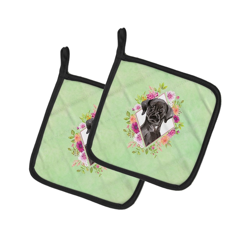 Black Labrador Green Flowers Pot Holders - Set of 2 - Heat-Resistant Kitchen Essentials CK4421PTHD