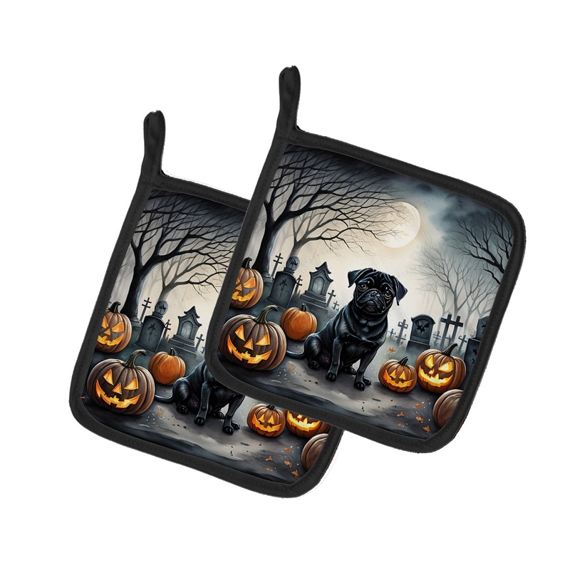 Black Pug Spooky Halloween Pot Holders - Set of 2 Decorative Kitchen Helpers | Made in the USA