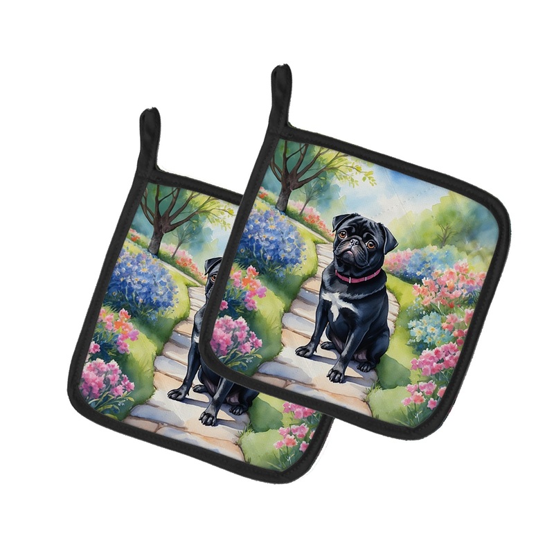 Black Pug Spring Path Pot Holders - Set of 2 Decorative Kitchen Helpers | Made in the USA