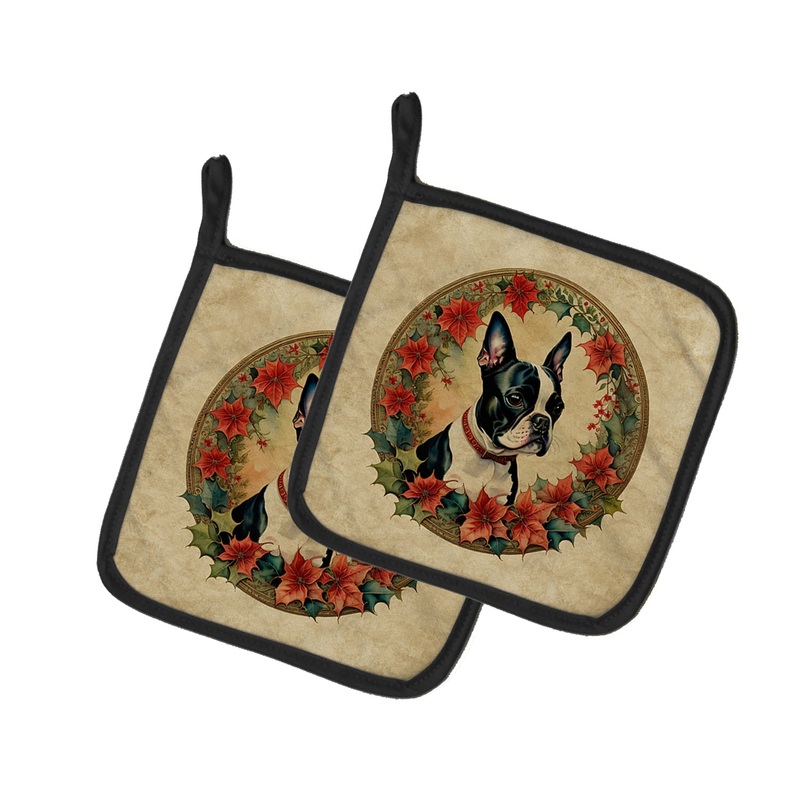 Boston Terrier Christmas Flowers Pot Holders - Set of 2 Decorative Kitchen Helpers | Made in the USA