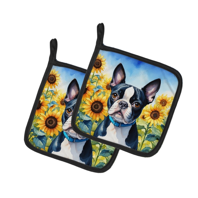 Boston Terrier in Sunflowers Pot Holders - Set of 2 Decorative Kitchen Helpers | Made in the USA