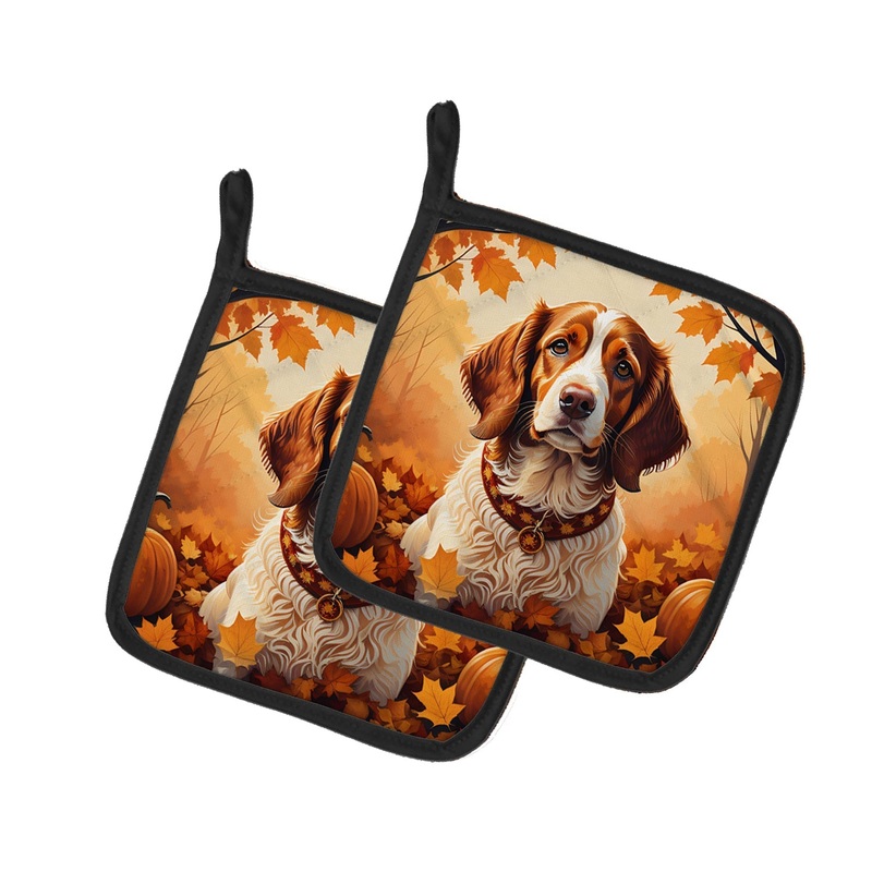 Brittany Spaniel Fall Pot Holders - Set of 2 Decorative Kitchen Helpers | Made in the USA