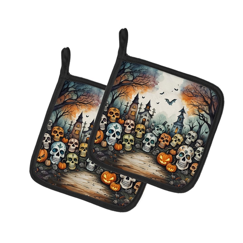 Calaveras Sugar Skulls Spooky Halloween Pot Holders - Set of 2 Decorative Kitchen Helpers | Made in the USA