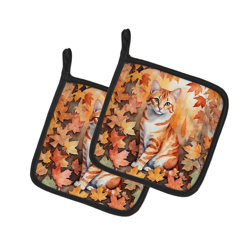 Cheetoh Cat in Fall Leaves Pot Holders - Set of 2 Decorative Kitchen Helpers | Made in the USA