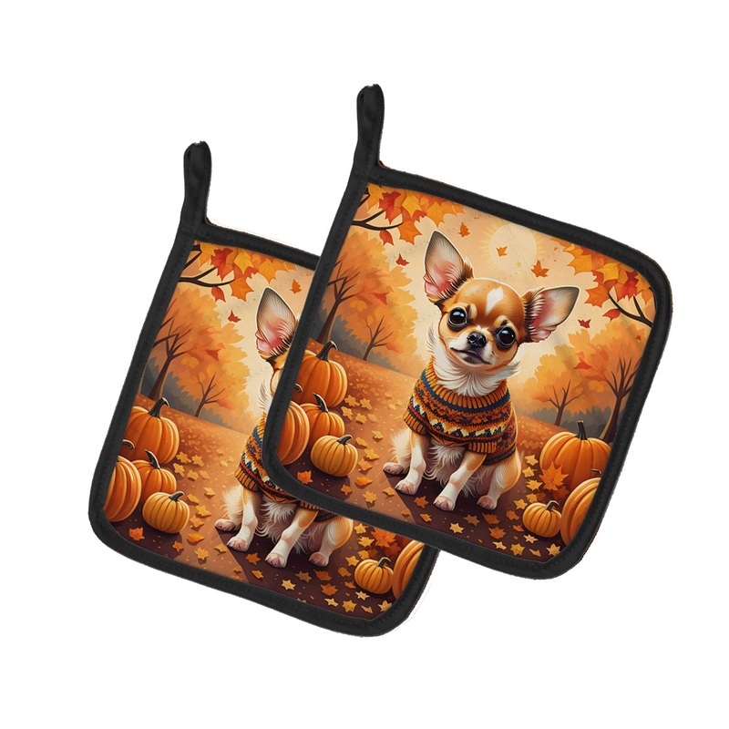 Chihuahua Fall Pot Holders - Set of 2 Decorative Kitchen Helpers | Made in the USA
