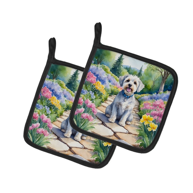 Dandie Dinmont Terrier Spring Path Pot Holders - Set of 2 Decorative Kitchen Helpers | Made in the USA