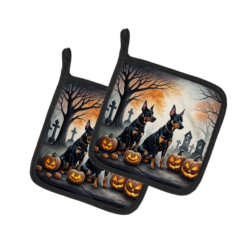 Doberman Pinscher Spooky Halloween Pot Holders - Set of 2 Decorative Kitchen Helpers | Made in the USA