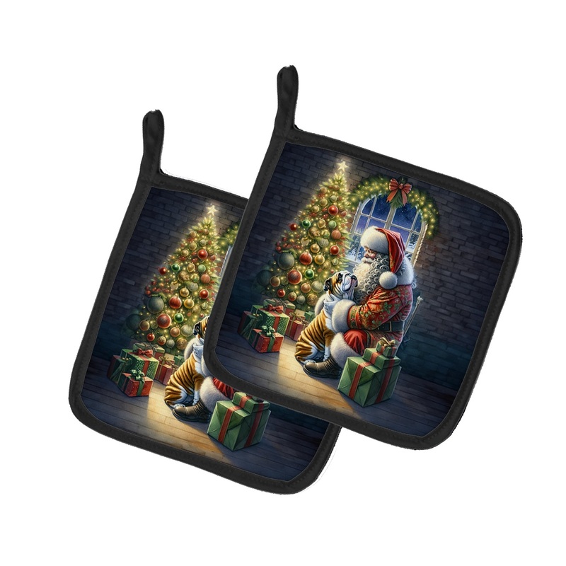 English Bulldog and Santa Claus Pot Holders - Set of 2 Decorative Kitchen Helpers | Made in the USA