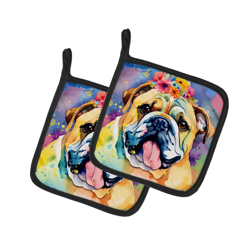English Bulldog Hippie Dawg Pot Holders - Set of 2 Decorative Kitchen Helpers | Made in the USA